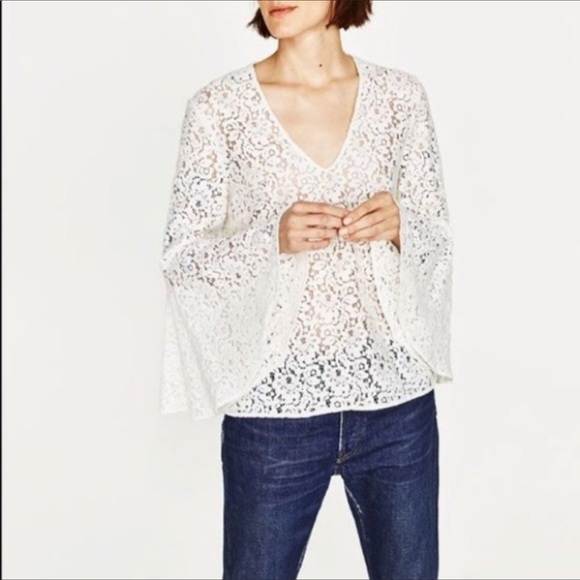 SOLD Zara Crochet Lace Exaggerated Ruffle Bell Sleeve Blouse - Picture 4 of 13